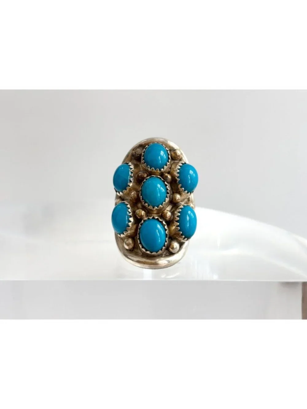 Navajo Sleeping Beauty Turquoise Cluster Sterling Silver 925 Vintage Ring - sz 8